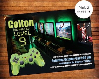 Può includere: Un controller per videogiochi verde e nero con il testo "Colton ha raggiunto il livello 9" su uno sfondo nero. L'immagine mostra anche un invito a una festa di camion di giochi con il testo "Unisciti a noi per una festa di camion di giochi per festeggiare! Sabato 4 ottobre alle 17:30 92110 Arbors Rd. Cypress, TX 77433 RSVP a Kristin al 444-001-2299 entro il 18 settembre."