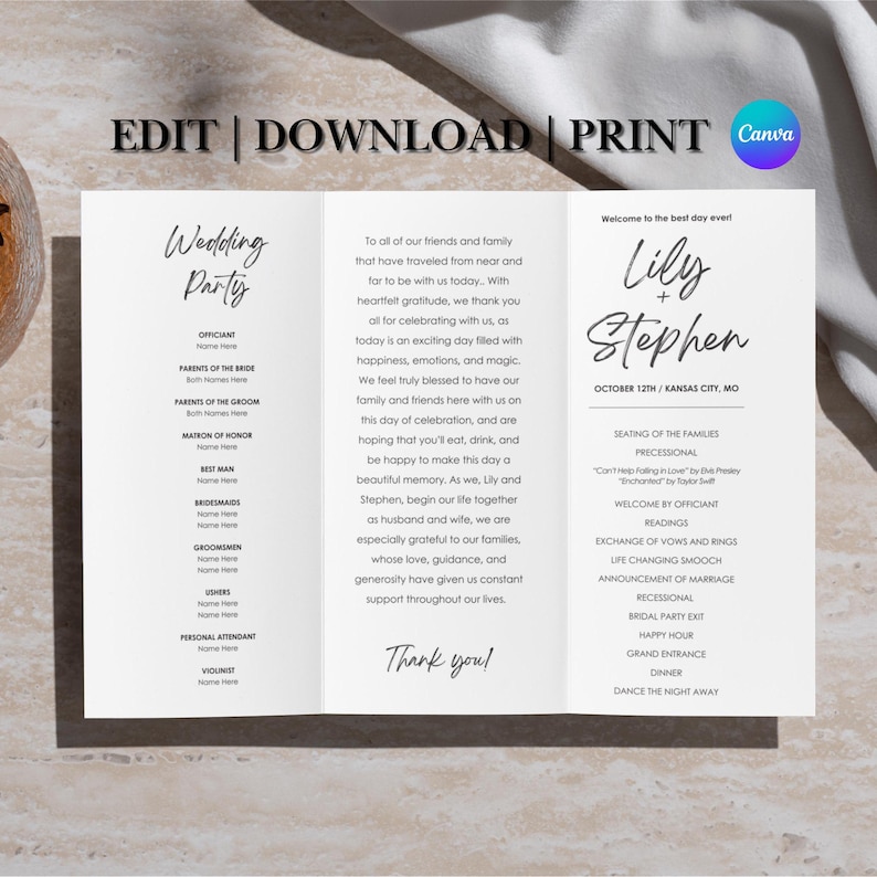 Editable Trifold Wedding Program Template With Seating Chart & Ceremony ...