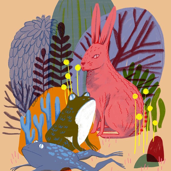 Spring Rabbit and Toad gathering,  print, 8.5 x 11