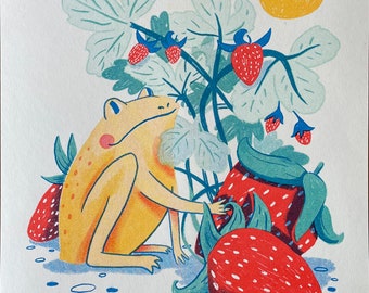 Strawberry Frog Riso Print