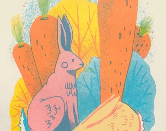 Rabbits in a Carrot Garden Riso Print