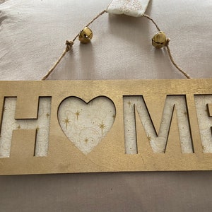 Gold &quot;Home&quot; Sign with Cream and Gold Accent Fabric and Gold Bells