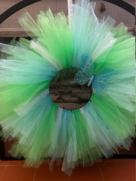 Green and Blue Tulle Wreath with Blue Butterfly Accent | Etsy