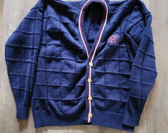 Vintage Hunt Club Button Up Klassischer dunkelblauer Strickjacken-Pullover mit Emblem