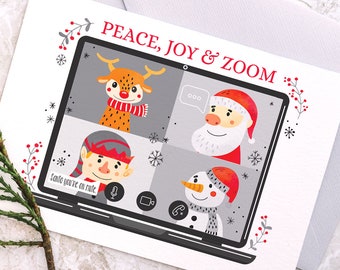 Peace Joy & Zoom Carte de Noël imprimable | Carte de Noël Santa Zoom à distance sociale | Carte de Noël drôle 2020 | Téléchargement instantané