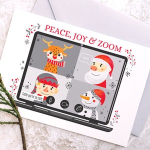 Tarjeta de Navidad imprimible Peace Joy & Zoom / Tarjeta de Navidad Santa Zoom de distanciamiento social / Tarjeta de Navidad divertida 2020 / Descarga instantánea