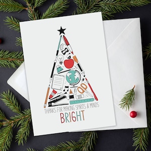 Teacher Make Spirits Bright afdrukbare kerstkaart | Kerstkaart voor leraar | Kerstboom met schoolbenodigdheden | Digitale afdrukbare kaart