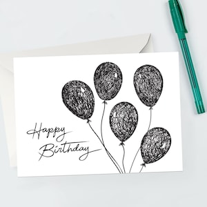 Cartão de aniversário para impressão com balões de rabiscos | Cartão de aniversário com balões de esboços | Cartão de aniversário simples | Cartão para impressão para download instantâneo