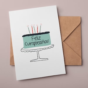 Carte d'anniversaire espagnole Feliz Cumpleaños | Carte mignonne de gâteau d'anniversaire | Carte imprimable à téléchargement immédiat