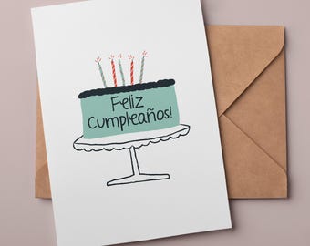 Feliz Cumpleaños Spanish Birthday Card | Cute Birthday Cake Card | Instant Download Printable Card