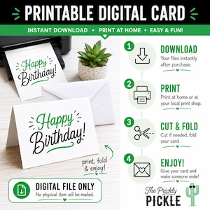 K&ouml;nnte beinhalten: Druckbare digitale Geburtstagskarte mit dem Text "Happy Birthday!" in Schwarz und Gr&uuml;n. Das Bild zeigt eine Karte beim Drucken, mit Anweisungen: herunterladen, drucken, schneiden & falten und genie&szlig;en. Nur eine digitale Datei.
