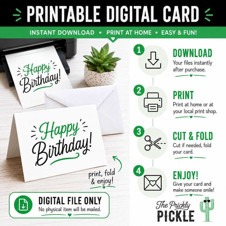 K&ouml;nnte beinhalten: Druckbare digitale Geburtstagskarte mit dem Text "Happy Birthday!" in Schwarz und Gr&uuml;n. Das Bild zeigt eine Karte beim Drucken, mit Anweisungen: herunterladen, drucken, schneiden & falten und genie&szlig;en. Nur eine digitale Datei.