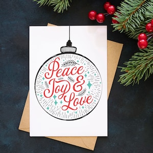 Paz, alegría, amor, Navidad / Tarjeta navideña dibujada a mano / Tarjeta navideña personalizada / Tarjeta imprimible al instante