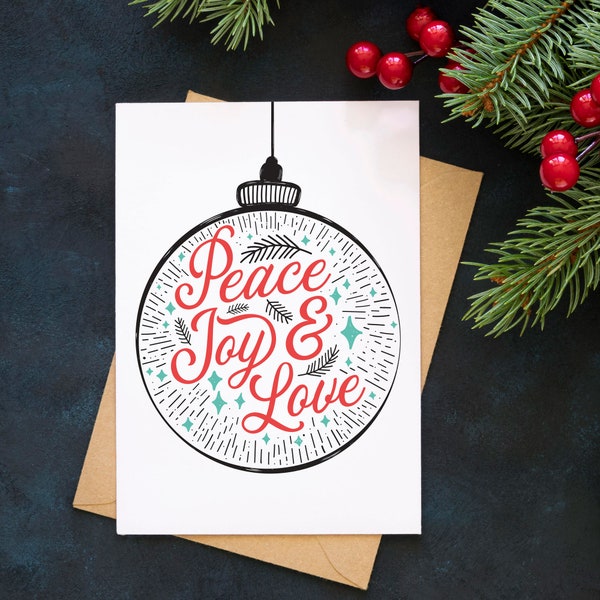 Peace Joy Love Christmas | Hand Drawn Christmas Card | Custom Christmas Card | Instant Printable Card