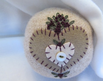 Tan Wool Pincushion, Hand Embroidered Wool Pincushion, Fancy Wool Pincushion, Sewing Room Must, Sewing Room Aid, Seamstress Sewing Addition