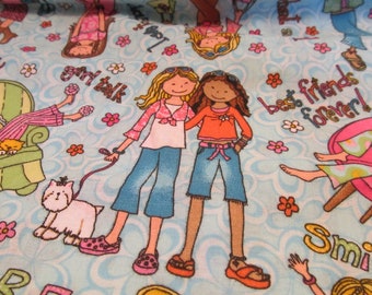 Blue Background with Girls, Girls and More Girls, You Go Girl!, B.F.F., Chit Chat and More Saying, 1 Yd. 23'' x 59'', Sweet Fabric For Girls