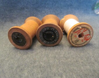 Three Vintage Wooden Spools, Three 1 3/4'' Tall Wood Spools, Sewing Room Display Pieces, Collectible Wooden Spools, Wood Spools to Display
