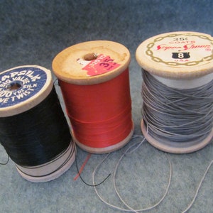 Two Coats and Clarks Wooden Spools, One Wooden Japsilk Wood Spools, One Spool Pure Silk Thread, Orange, Gray, Black Threads, Sewing Notions