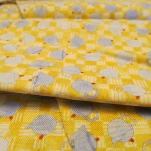 Unique Yellow and Blue Colored Fabric With Blue Teapots, Yellow Check Background with Shades of Blue Tea Pots With Red Knobs, RJR Fabrics,