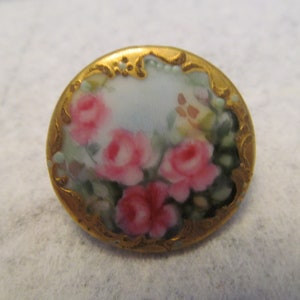 Beautiful Hand Painted Vintage Button, Nice Collectible Button, Pretty Pink Flowers With Gold Edge,Just Like Gramas Old Button, Collectible