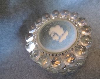 Unique Little Trinket Dish, Earring Holder, Ring Holder, Thick Glass with Scalloped Edge and Mirrored Lid with Lady, Dresser/Vanity Dish