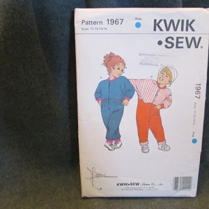 May include: Kwik Sew pattern number 1967 for children's clothing. The pattern includes instructions for making a blue jumpsuit and a red and white striped jumpsuit. The pattern is for sizes 11-12, 13-14.
