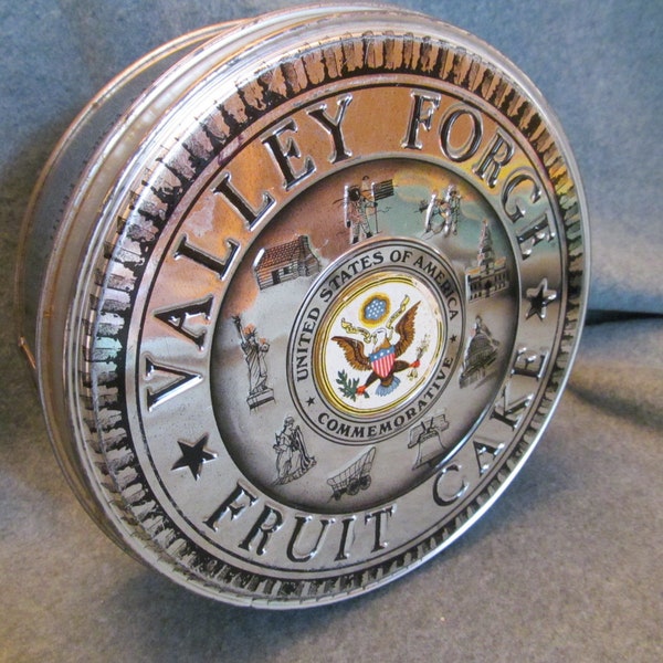 Valley Forge Fruit Cake Silver Tin, USA Commemorative Tin, Round Fruit Cake Tin, 7 1/4 Inch Round Tin , Use For Storage, Collectible Tin