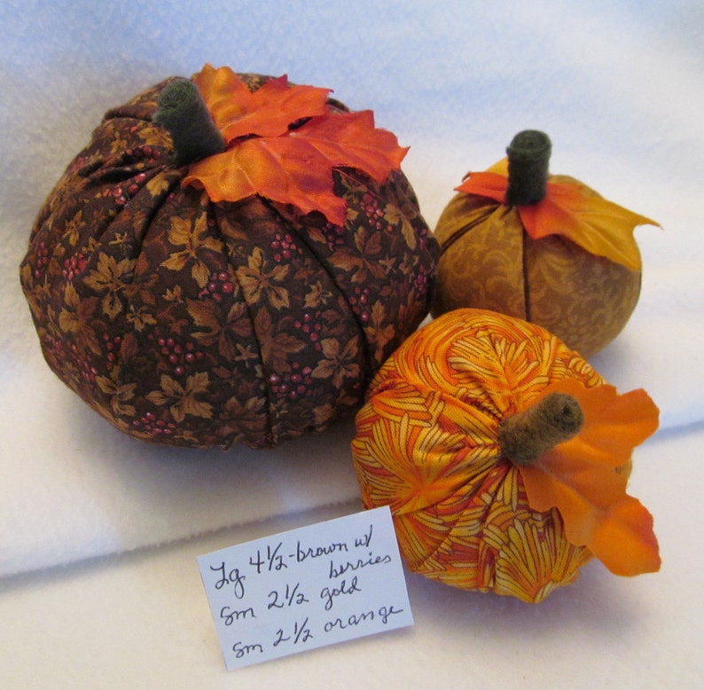 One Bright Orange Pumpkin One Large Brown with Berries Pumpkin One Gold on Gold Pumpkin A Set of Three Fabric Pumpkins for the Autumn