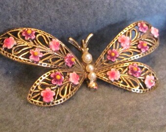 Beautiful Butterfly Piece, Pin Back Missing, Gold in Color, Pink Flowers With Yellow Centers, Faux Pearl Body, Pretty Collectible Piece