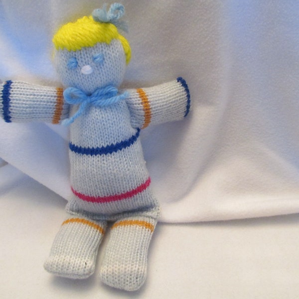 Baby Blue Strip Sock Doll, Cute Hand Made Sock Doll for Kids, 8 1/2'' Tall , Arm Span 6'', Nice Hand Made Collectible, Made by Elderly Lady