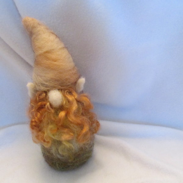 Heathery Brown and Green Body Wool Gnome/Elf, Hand Made Wool Needle Felted Gnome, Light Tan and Brown Hat, Ears and Curly Gold/ Green Beard