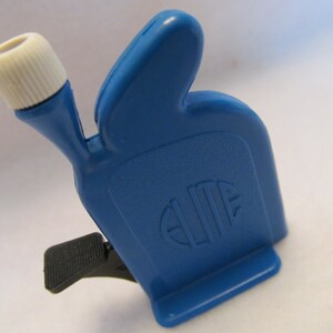 May include: Blue plastic thread bobbin winder with a white top and a black foot pedal. The winder has the word "ELITE" embossed on the side.
