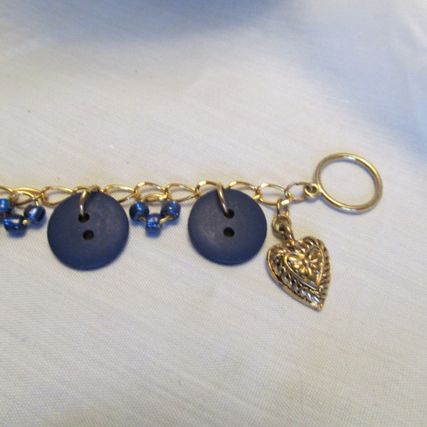 Ladies Gold Chain Bracelet, Navy Blue Button Bracelet, Gold Heart Charm Bracelet ,Two Gold Baubles ,Vintage Button Bracelet, Ladies Bracelet