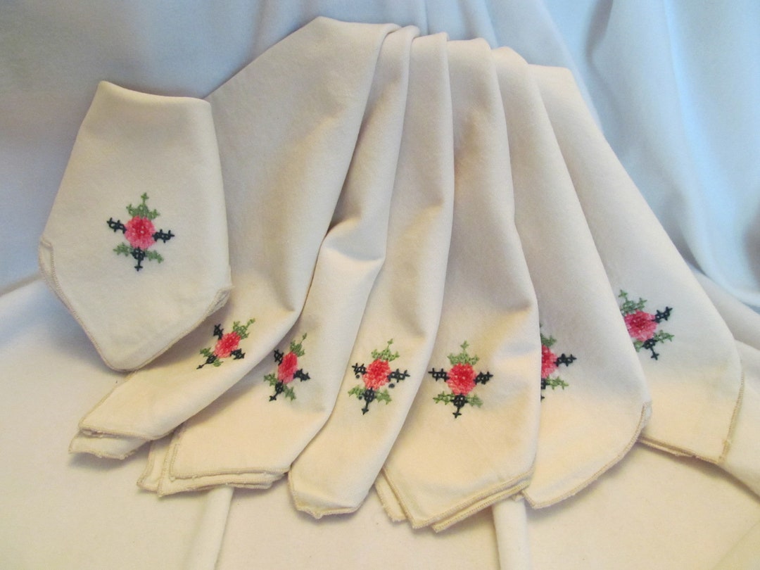 Vintage Linen Napkins, Cross Stitched Vintage Linen Napkins, Six Good One Soiled, Hand Stitched