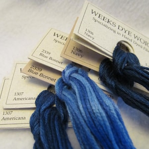Weeks Dye Works Embroidery Floss/Threads, Three Shades of Blue Two Each, Navy, Blue Bonnet and Americana, Total of Six Skeins for Stitching