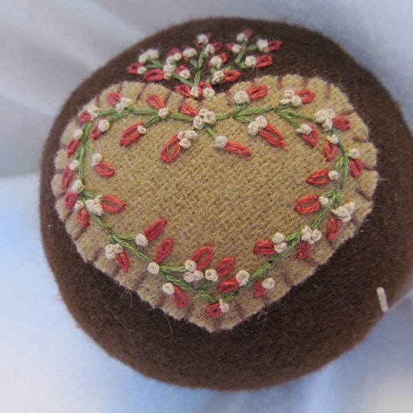 Brown Wool Hand Made Pincushion, Hand Embroidered Pincushion, Sewing Tool, Sewing Aid, Sewing Must Have,Sewing Box Addition, Beautiful Tool