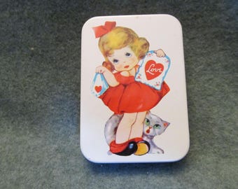 Adorable Little Girl Tin, Vintage Love Tin, Attached Hinged Lid, Sweet Little Girl Tin