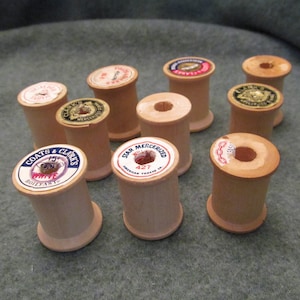Ten Wood Spools to Collect, Vintage Wooden Spools, Several Different Brand Names, Sewing Thread Spools, Vintage sewing Display Items, Spools