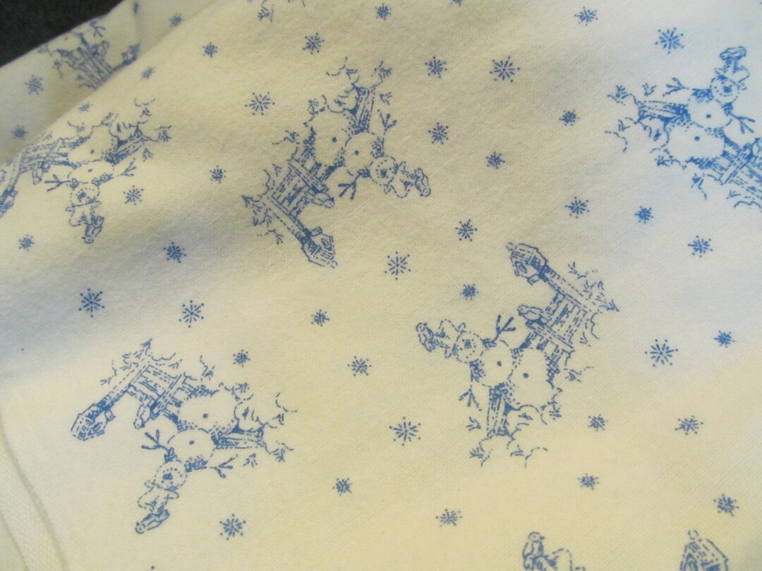 Soft Cream Colored Flannel With Blue Sketched Snowmen Textile, Great Unwashed Flannel for Winter