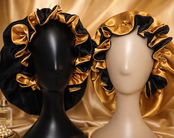 Black and Gold Satin Bonnet Double Sided | Ruffled Reversible Hair Bonnet | Luxury Sleep Cap for Natural Hair