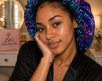 Luxury Satin Bonnet Set, Double Layer Sleep Cap, Silk Hair Bonnet for Curly Hair, 2 Scrunchies, Protective Style Gift, Under the Sea