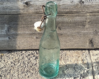 Old Vintage Glass Bottle with  Porcelain Cap,Retro Lemonade Bottle,Collectible Glass,Blue Glassware,Rustic Home Decor, Antique Glass Bottlе