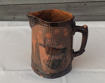 Vintage Handmade Ceramic Jug with Deer, Clay Wine Pitcher, Handpainted Pot, Rustic Stonewear Pottery Jug,Retro Glazed Jug,Kitchen Decor,Gift