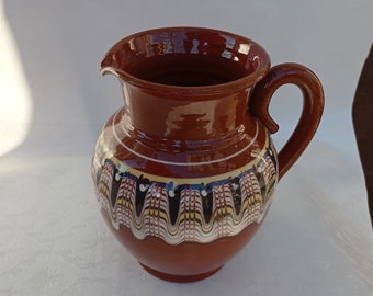 Vintage Handmade Ceramic Jug, Clay Wine Pitcher,Handpainted Folk Art Motives Pot,Rustic Stonewear Pottery Jug,Retro Glazed Jug,Kitchen Decor