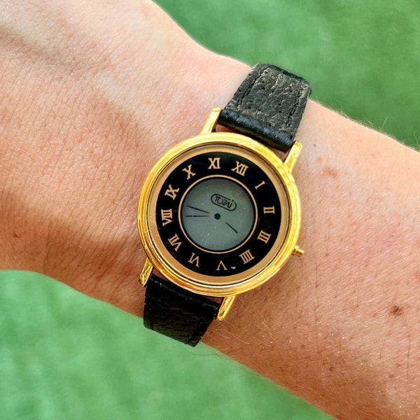 The Graduate - Vintage 80's Black/Gold-Toned Women's Digital-Analog Combo Watch on Leather Band - All Original/Working