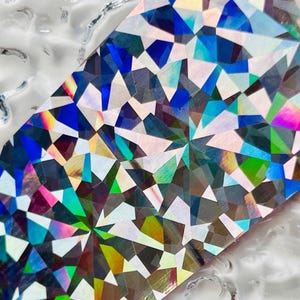 May include: A close-up of iridescent holographic vinyl with a geometric pattern of triangles in shades of blue, green, pink, and white.