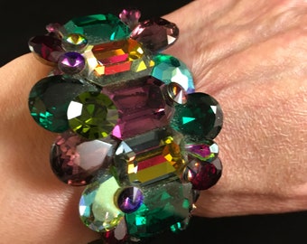 M&J Hansen Designs spectacular 1990's signed brass, crystal and beaded cuff