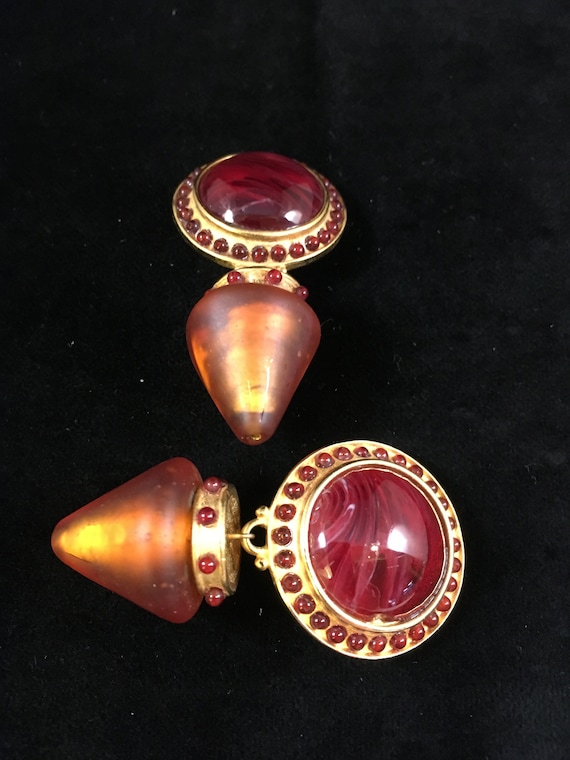 Vintage statement earrings, gold tone metal & gla… - image 5