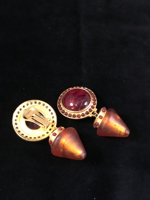 Vintage statement earrings, gold tone metal & gla… - image 4