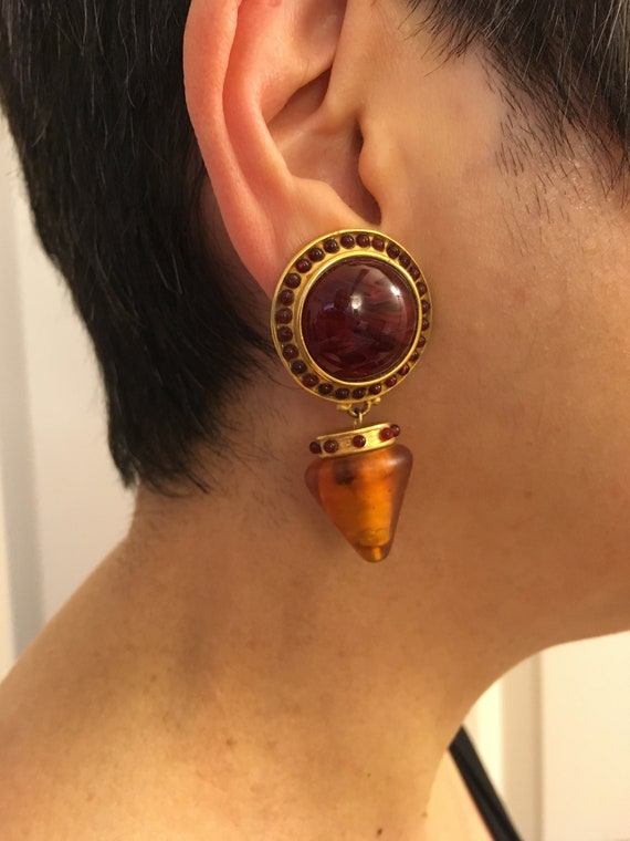 Vintage statement earrings, gold tone metal & gla… - image 10